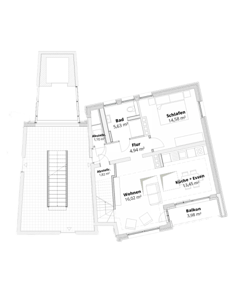 Grundriss mit zwei Zimmern, Bad und Balkon, zeigt die Raumaufteilung.