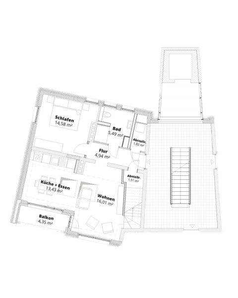 Grundriss einer Maisonettewohnung mit zwei Zimmern, Bad und zwei Abstellkammern.