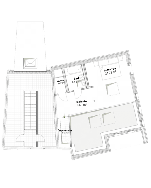 Grundriss mit Galerie/Schlafbereich, Bad und Abstellkammer.