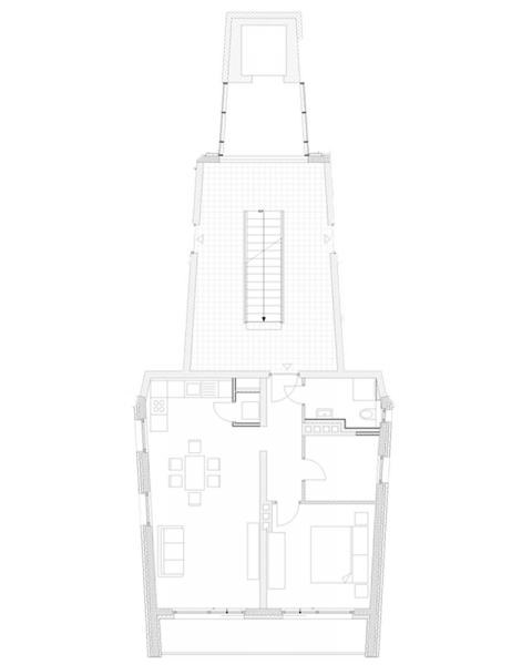 Der Grundriss zeigt eine Wohnung mit zwei Zimmern, Küche und Bad.