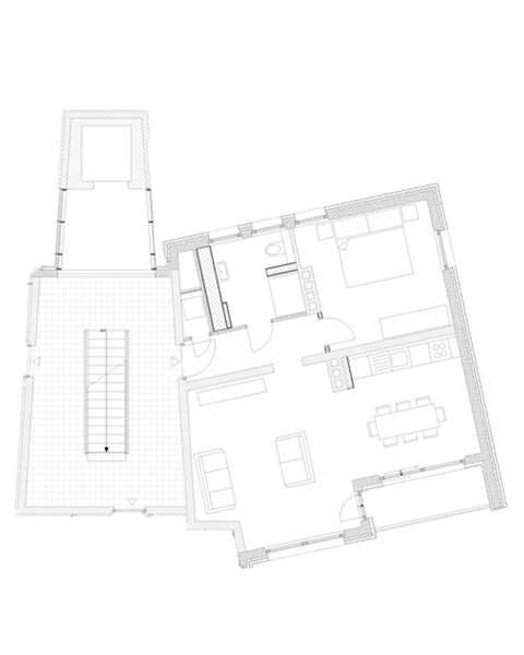 Grundriss mit zwei Zimmern, Küche und Bad, zeigt die Raumaufteilung.